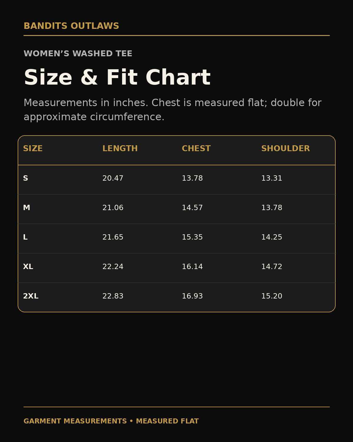 Bandits Women’s Washed Tee garment size chart in inches