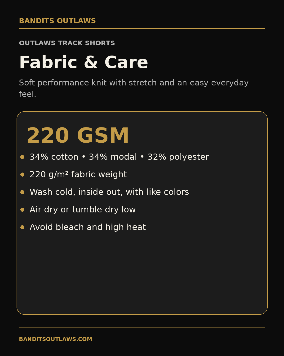 Outlaws Women’s Track Shorts fabric and care information