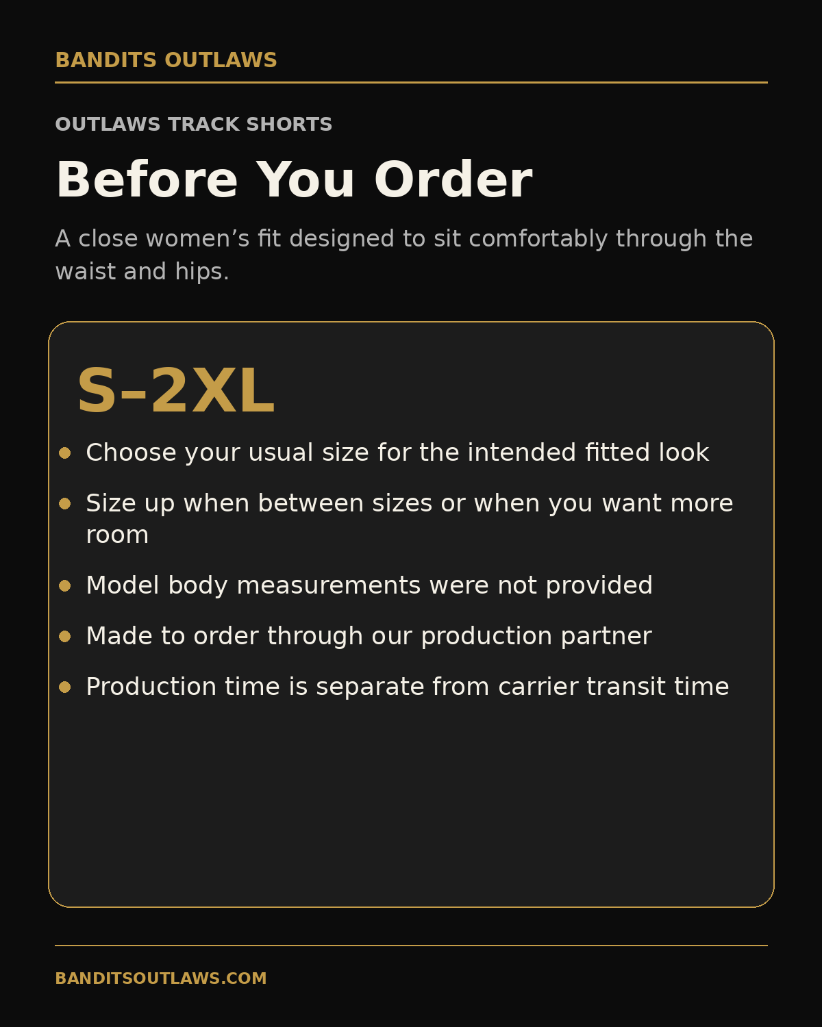 Outlaws Women’s Track Shorts fit and size selection guide