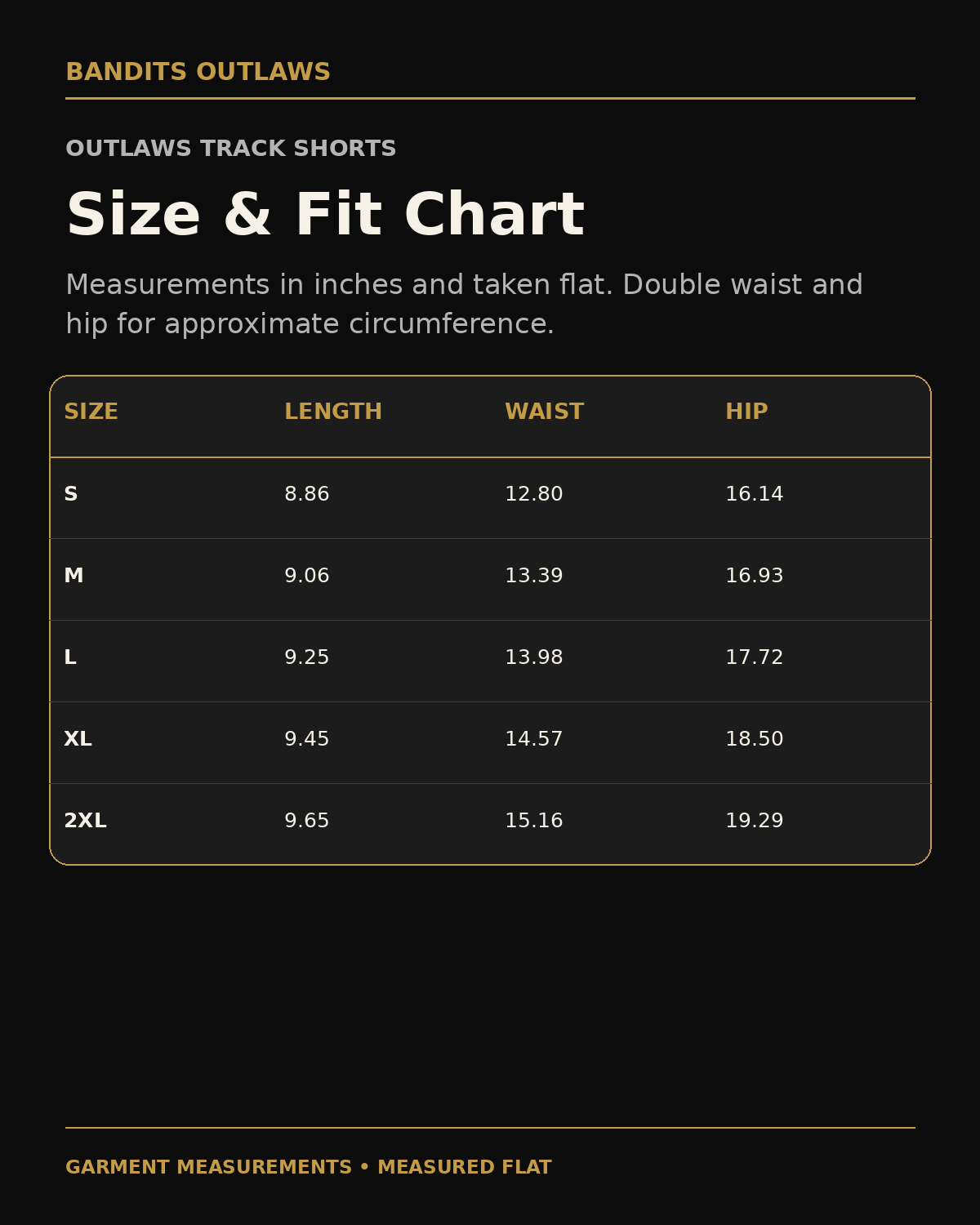 Outlaws Women’s Track Shorts garment size chart